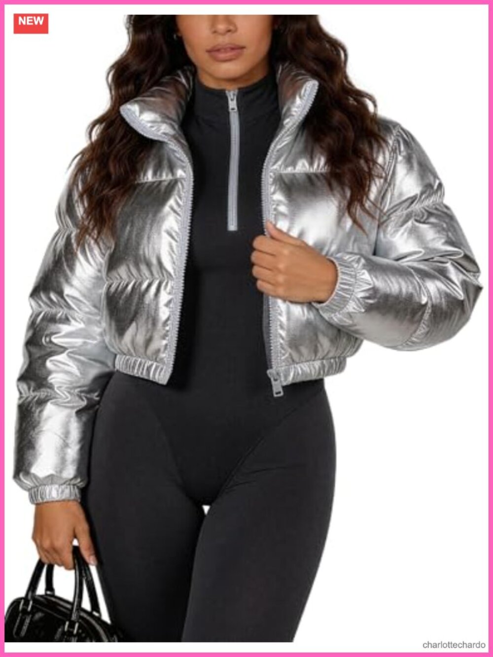 Women's Cropped Puffer Jacket Shiny Quilted Zip Up Winter Coat
